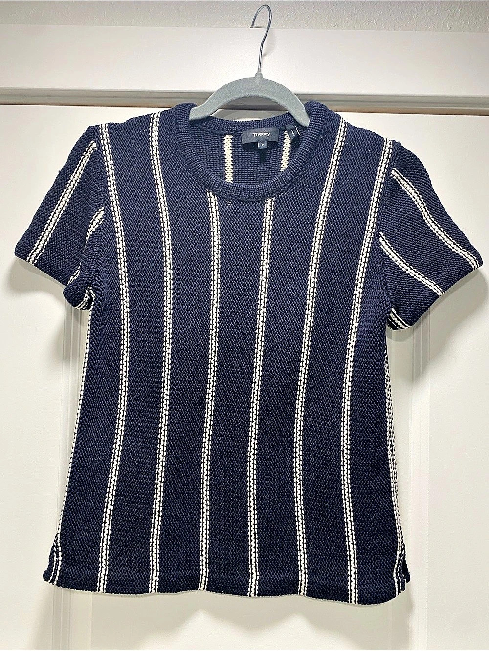 Theory Emmeris Ibisco Striped Short-Sleeve Sweater Blue & White